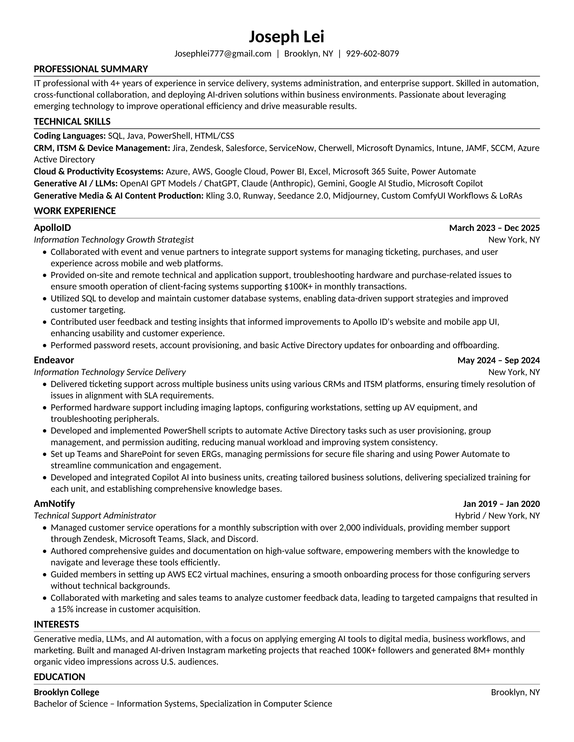 Joseph Lei résumé, page 1 of 1. A full accessible transcript is available in Text view.